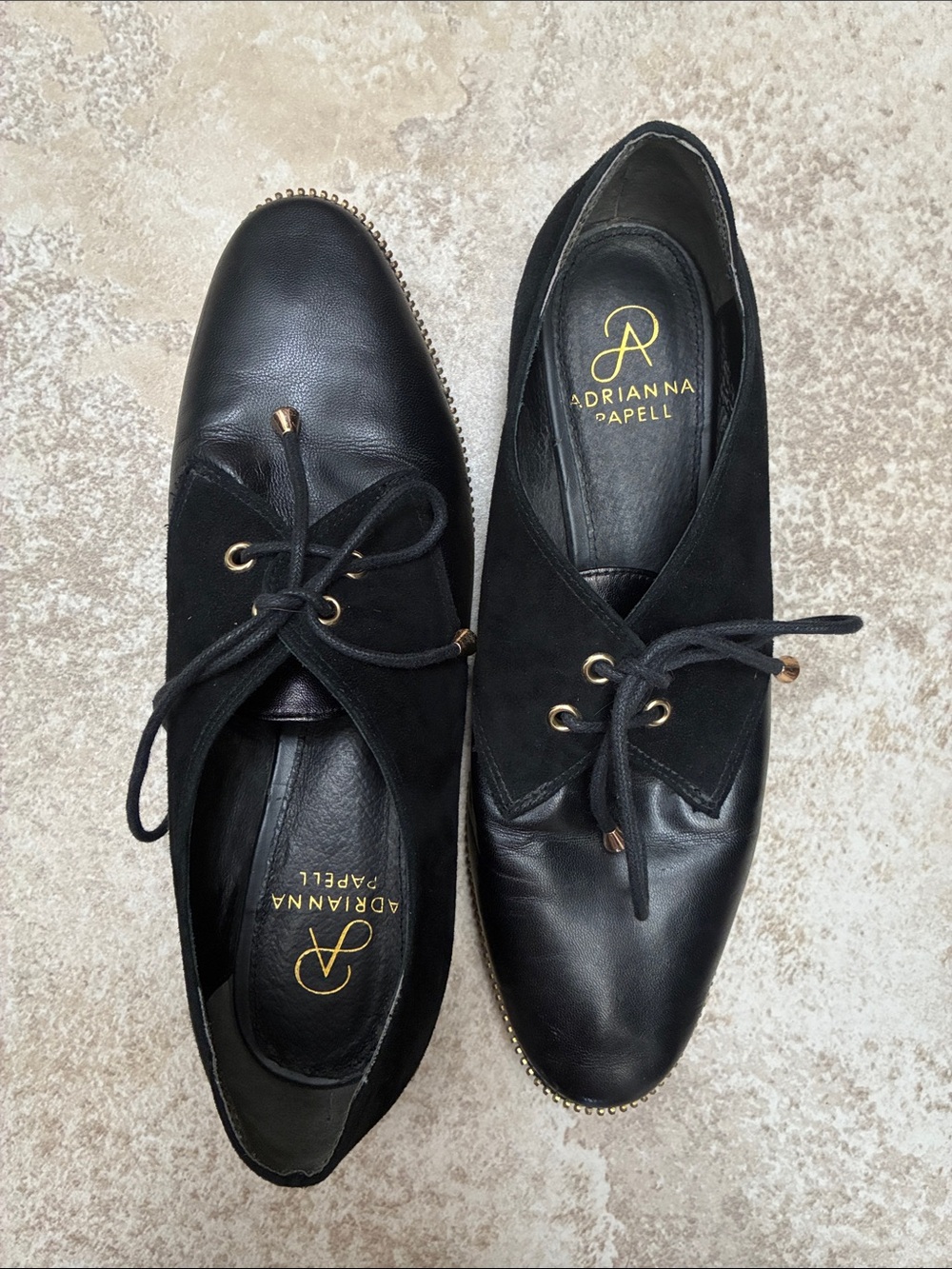 Adrianna Papell Black Leather & Suede Lace-Up Flats with Gold Trim